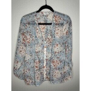 Pins and Needles Shirt Womens Medium White Floral Sheer Button Front V Neck Boho